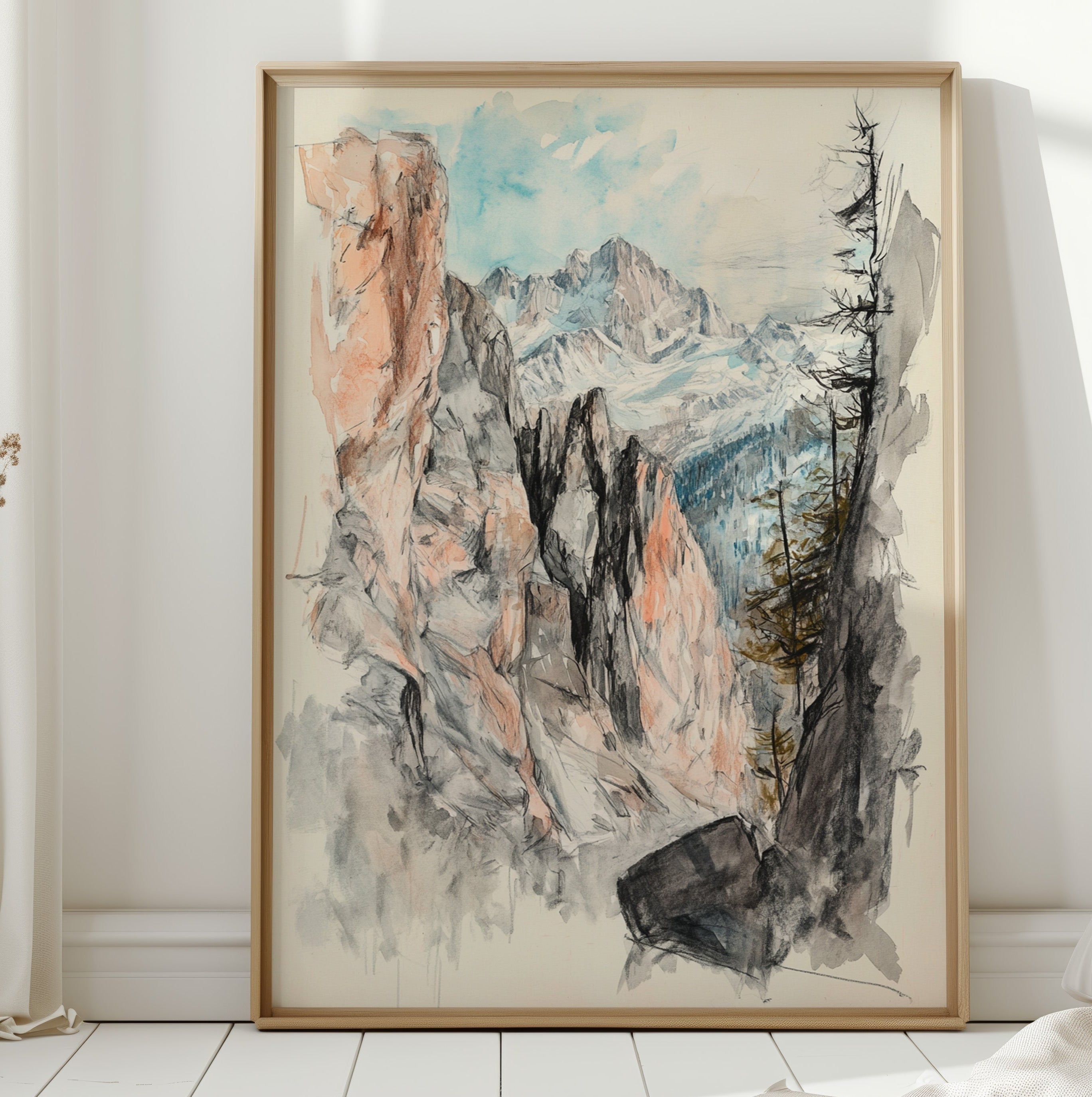 Alpine Canyon Watercolor Print – Mountain Cliff Wall Art